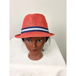 Red Straw Fedora Hat Anchor Ribbon Nautical Beach Sun Summer